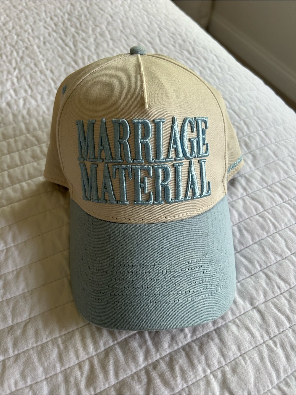 Anthropologie Two-Tone "Marriage Material" Baseball Cap in Cream and Light Blue